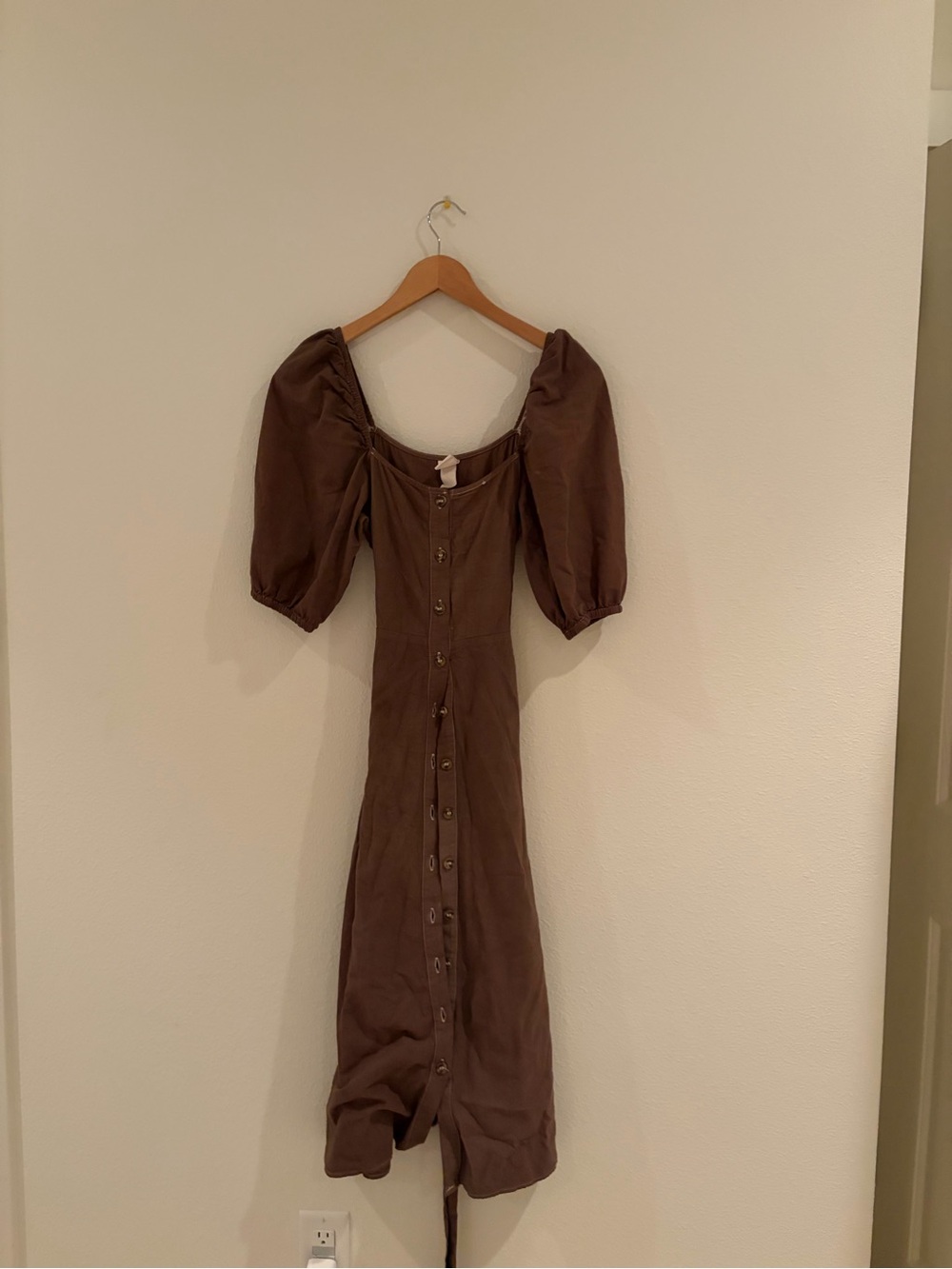 H&M Chocolate Brown Puff-Sleeve Button-Front Midi Dress